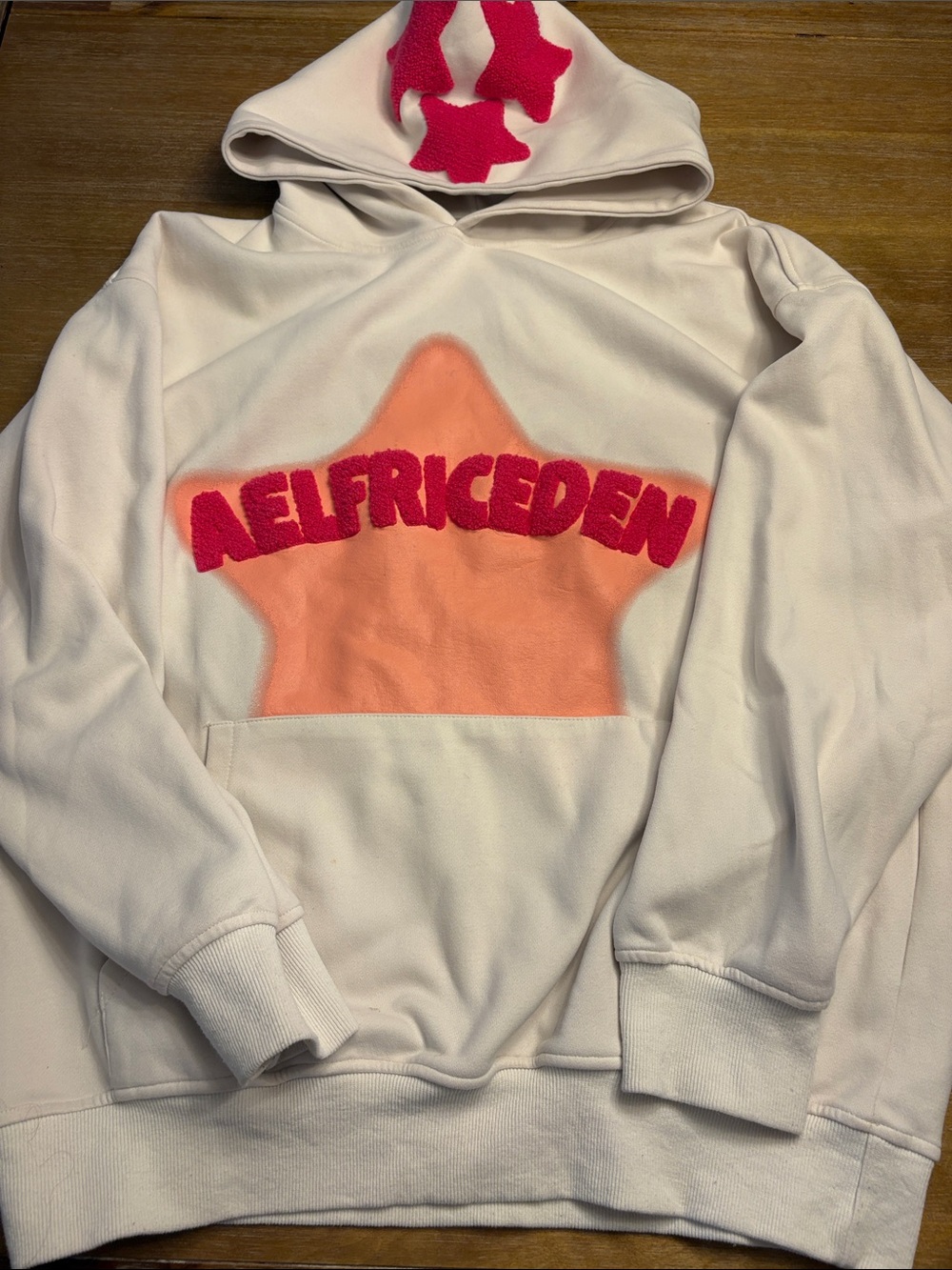 Aelfric Eden Cream Hoodie with Pink Logo and Peach Star